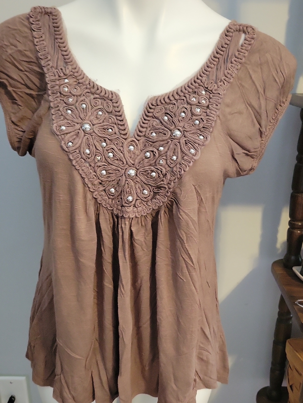 Annabelle Taupe Embellished Crochet V-Neck Tunic ...Size Large